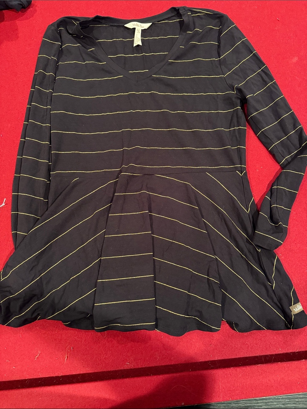 Matilda Jane Black Long-Sleeve V-Neck Peplum Top with Gold Stripes
